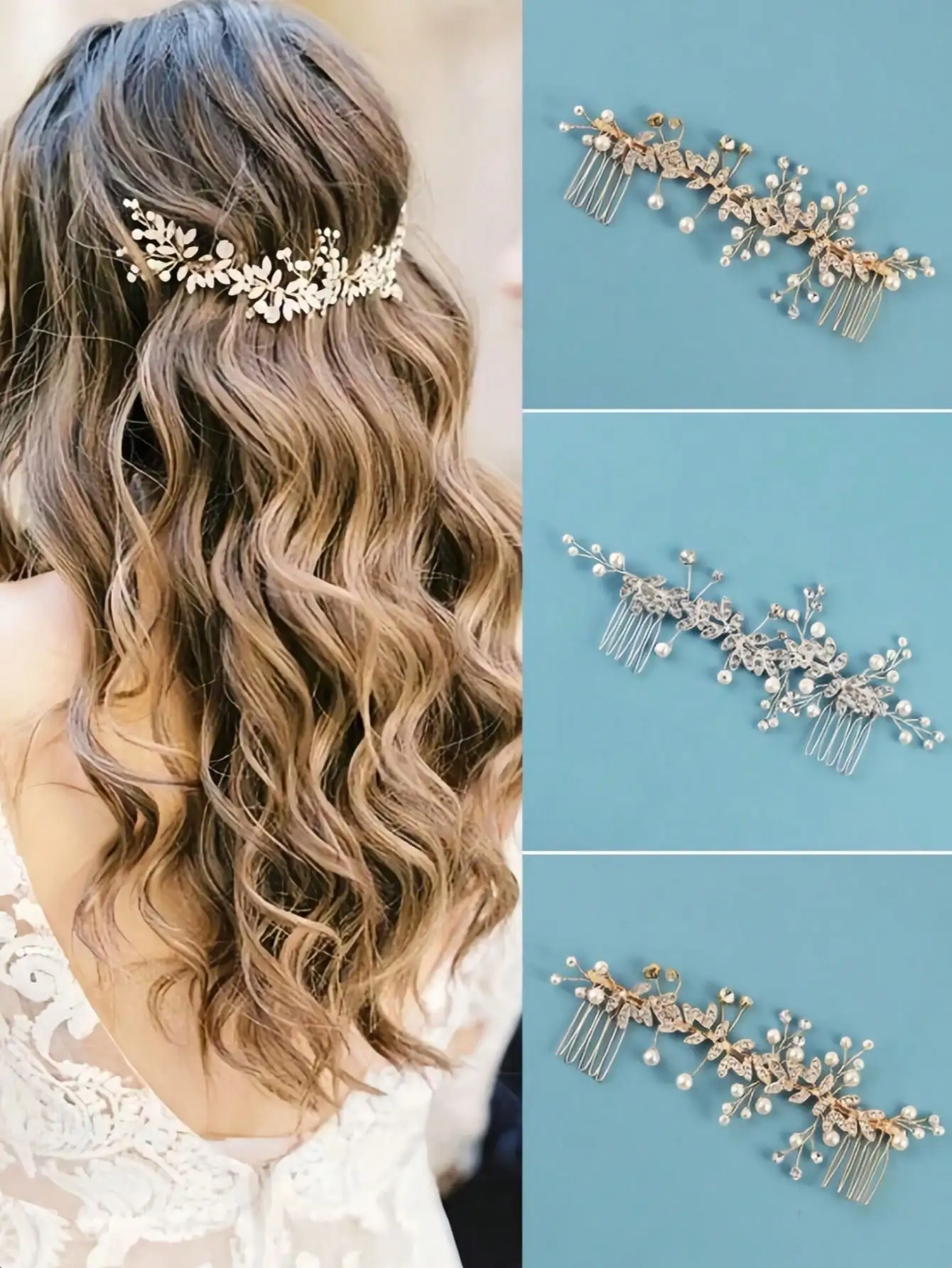 

1pc Adjustable Pearl Beaded Hair Comb, Silver Crystal Bridal Hair Accessory With Leaves, Suitable For Women Wedding