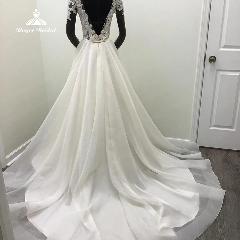 Klassische Spitze Applikationen Chiffon eine Linie Brautkleid voller Ärmel rücken frei Braut Zivil Boho Quittung Hochzeits feier Kleider