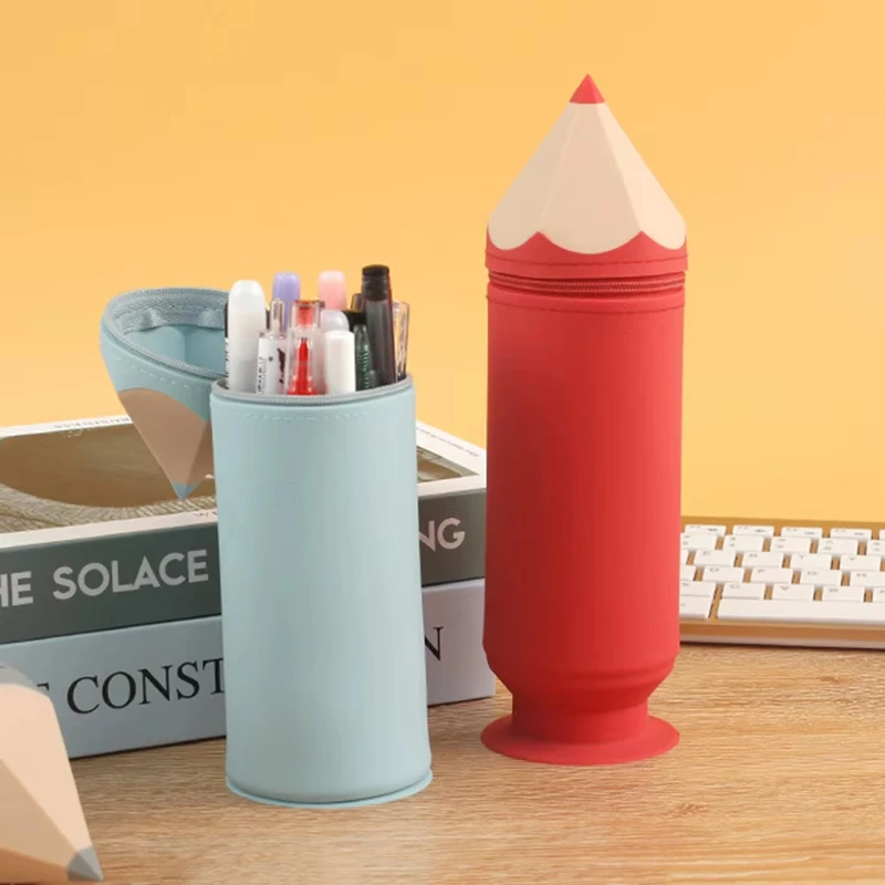 

Pencil Shaped Cute Cartoon Kawaii High Capacity Silicon Pen Pencil Bag Makeup Cosmetic Pocket School Stationary Case Pen Holder