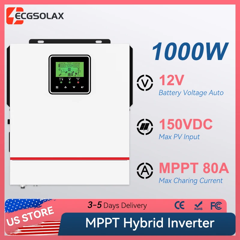 ECGSOLAX 1KW Hybrid Solar inverter 12V 220V With MPPT 80A Charger Solar Off-grid Single-phase Hybrid inverter Max PV 150VDC