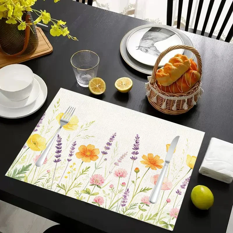 VIKAMA Placemat Watercolor Flowers Lavender Print, Waterproof Oil-Proof Heat-Resistant Dining Table Mat for Home