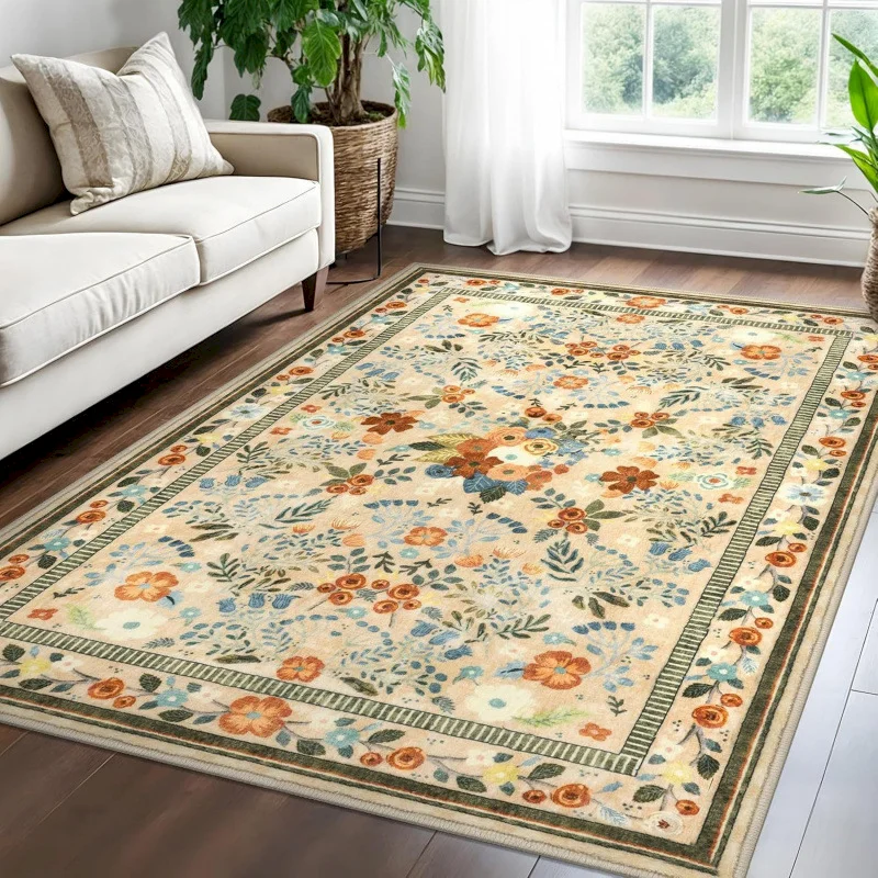 VIKAMA Retro Flower Anti slip Carpet Bohemian Plant Printed Carpet Living Room Bedroom Home Decoration