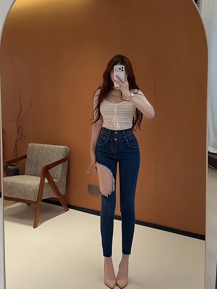 High Waist Skinny Denim Jeans Women's Fall New Style Sexy Girl Fashionable Hole Design Slimming Legs Pencil Pants