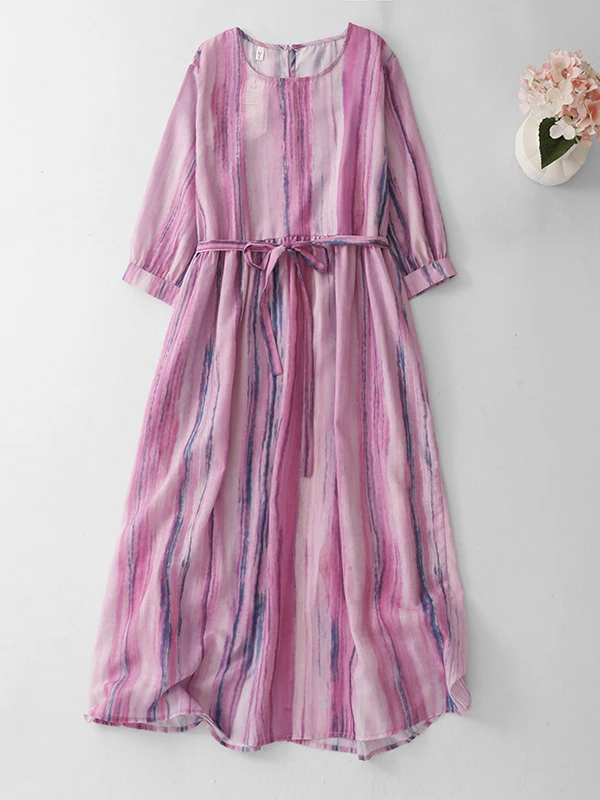 

High-End Vacation Stripe Dress Large Size Artistic Retro Waist-Cinching Slimming Long Dress round Neck Long Sleeve A-Line Skirt