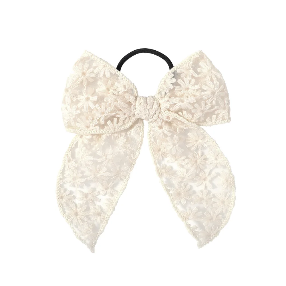 Scrunchie con lazo blanquecino con encaje europeo y cinta transparente, elegante accesorio para el cabello de hadas para mujer
