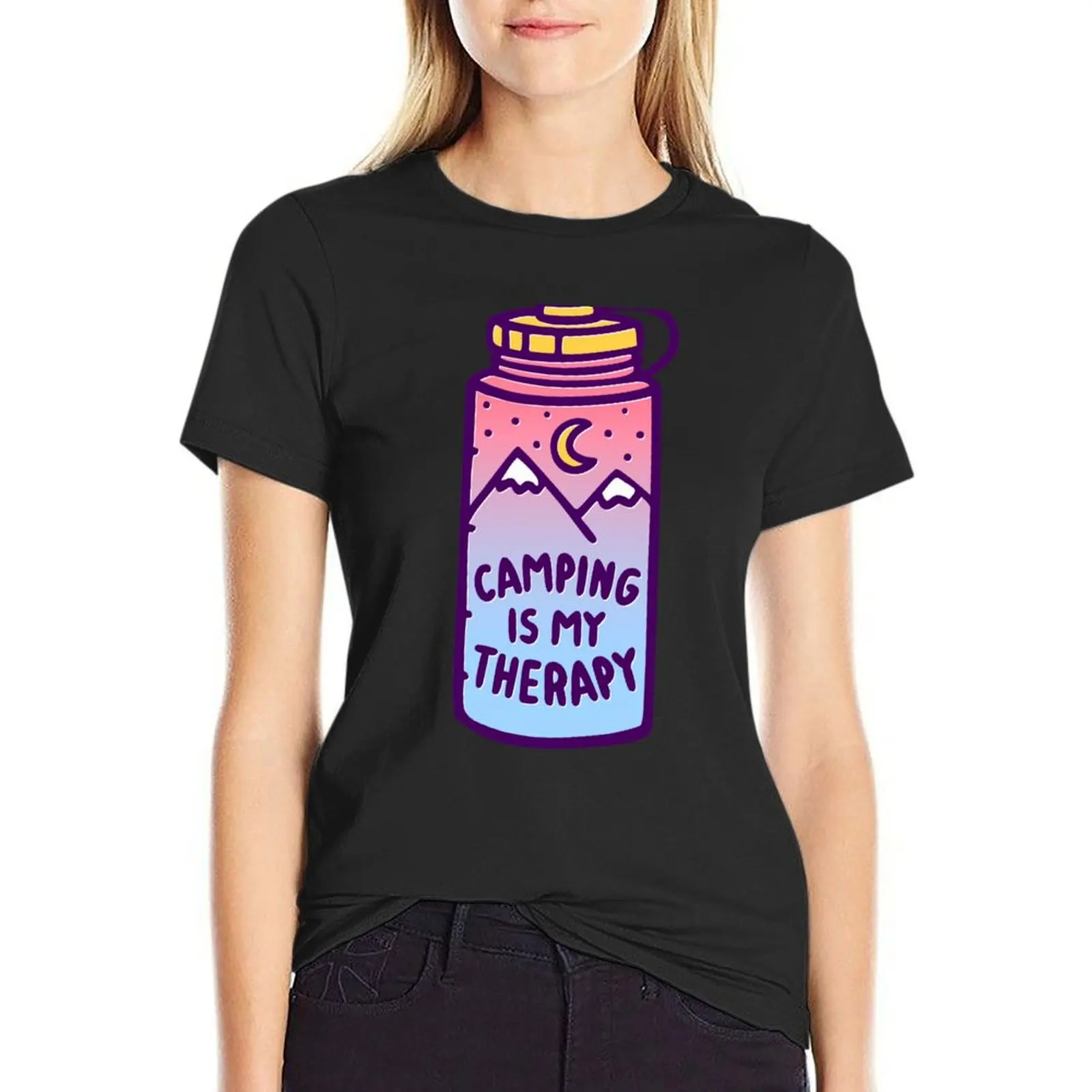 

Camping is my therapy water bottle T-Shirt kawaii clothes summer tops cute tops animal print t-shirts for Women cotton