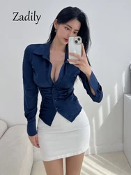 Zadily 2024 Spring Office Lady Women Satin Shirt Korea Style Slim Waist Folds Work Woman Shirts Button Up Female Blouse Clothing