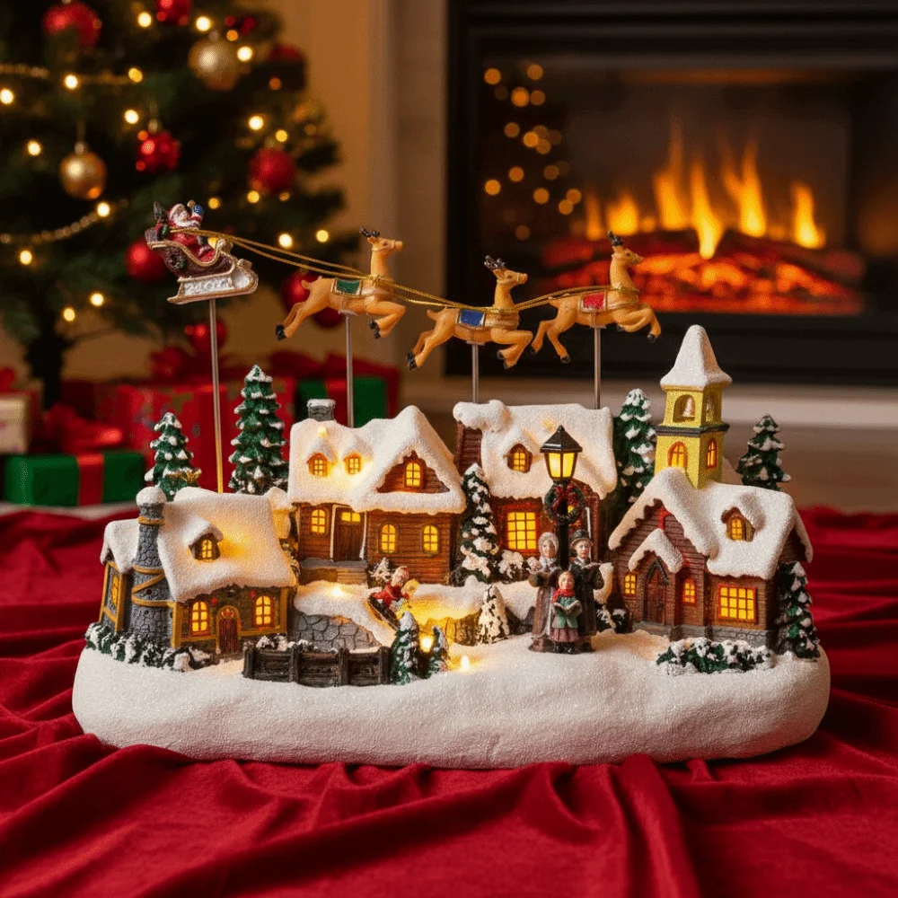 

Рождественский светящийся деревенский дом из смолы с 3 ушками и оленями, светодиодная подсветка, светящийся рождественский музыкальный дом с музыкальным подарком