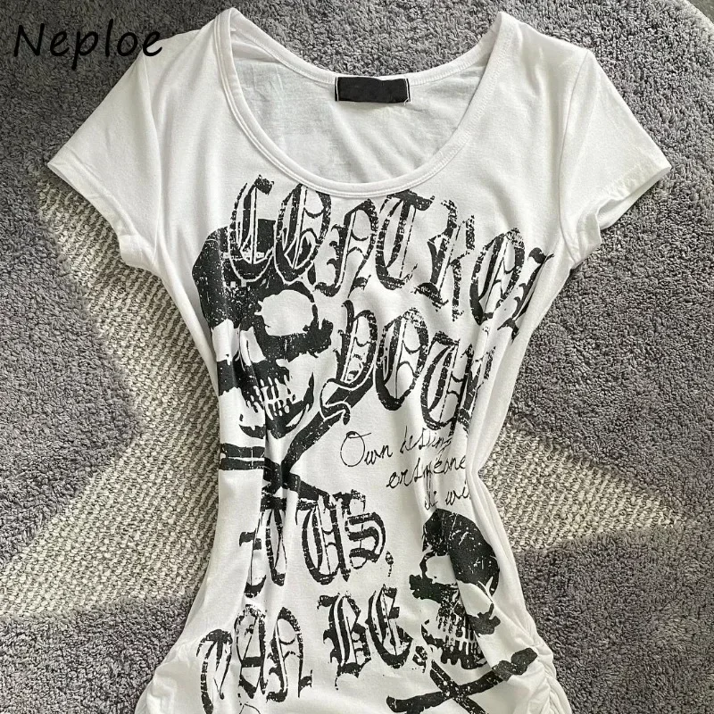 Neploe Vintage Taille Cinching Slim Fit Punk Rock Korte Mouw Tees Amerikaanse Streetwear 2000S Y2K Zwarte Schedel Bot Print T-shirts