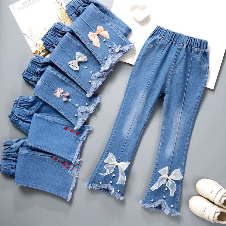 Casual Elastic Waist Teenage Children Pants Design Streetwear Kids Loose Trousers Jeans Girls Spring Autumn Baby Long