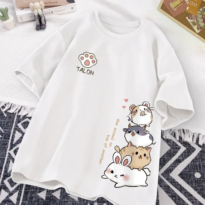 Japanese Cute Hamster Style Sweet Print Daily Wear Short Sleeve T-shirt Women\'s Loose Casual Teenage Student Half Sleeve Top