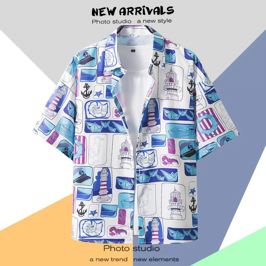 New Summer Casual Short Sleeved Shirt Korean Version Fashionable Men's and Women's Loose Collar Hawaiian Seaside Flower Shirt