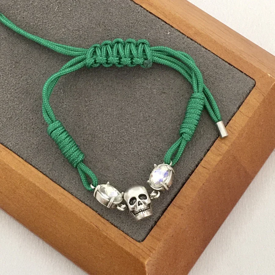 Europe Fashion Green Handmade Woven Cord Bracelet Skull Silver Crystal Bracelet Women Designer Brand Trend