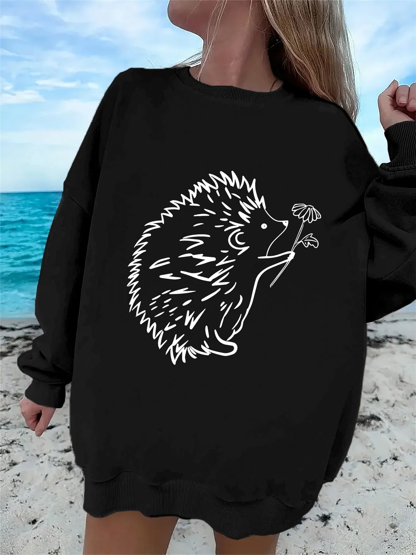 

's Cute Hedgehog & Floral Print Sweatshirt - Soft Beige Oversized Round Neck Pullover Sweater, Long Sleeve Casual Sweater