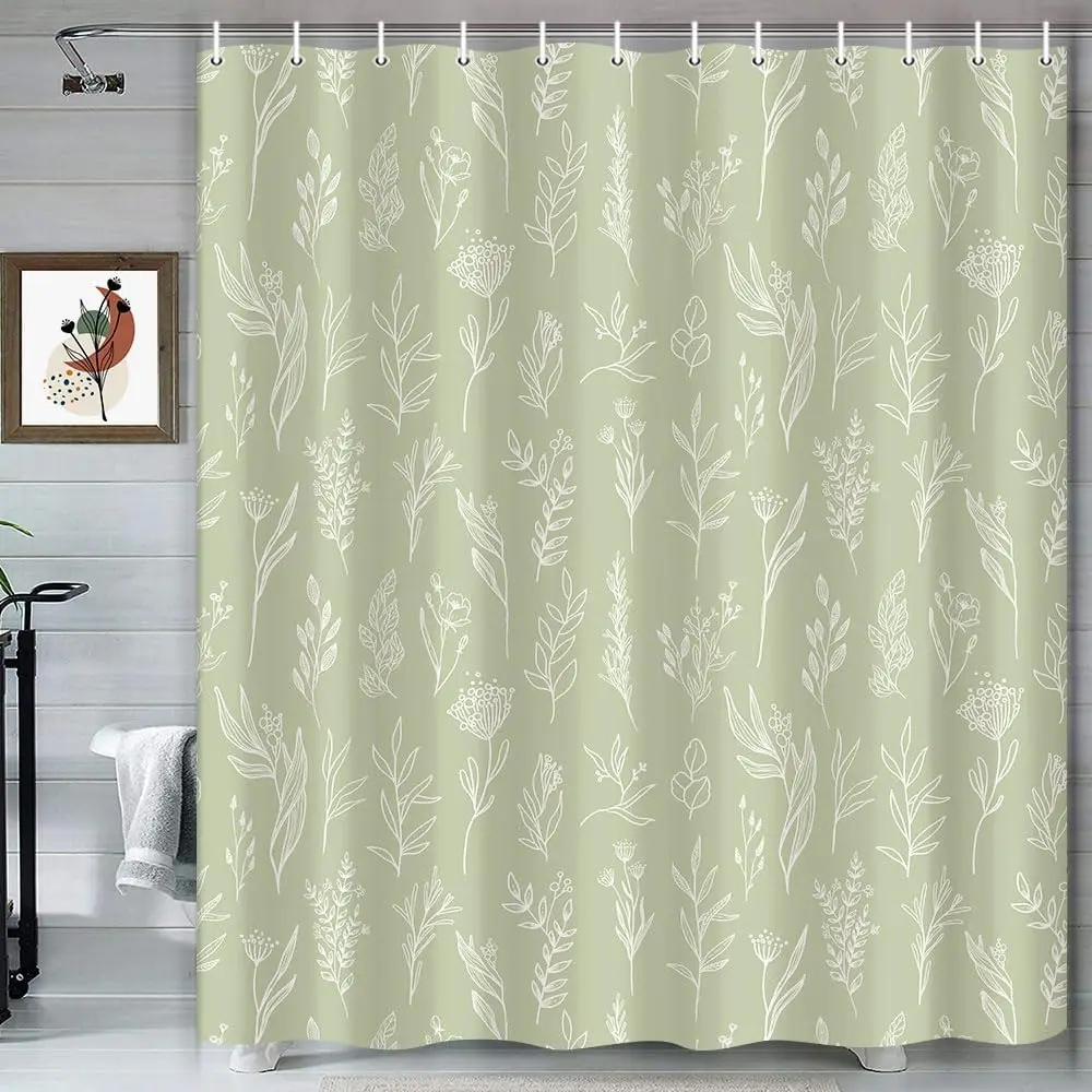 Boho Shower Curtain, Modern Green Plants Shower Curtain Watercolor Plant Floral Bathroom Curtains, Waterproof Polyester Fabric