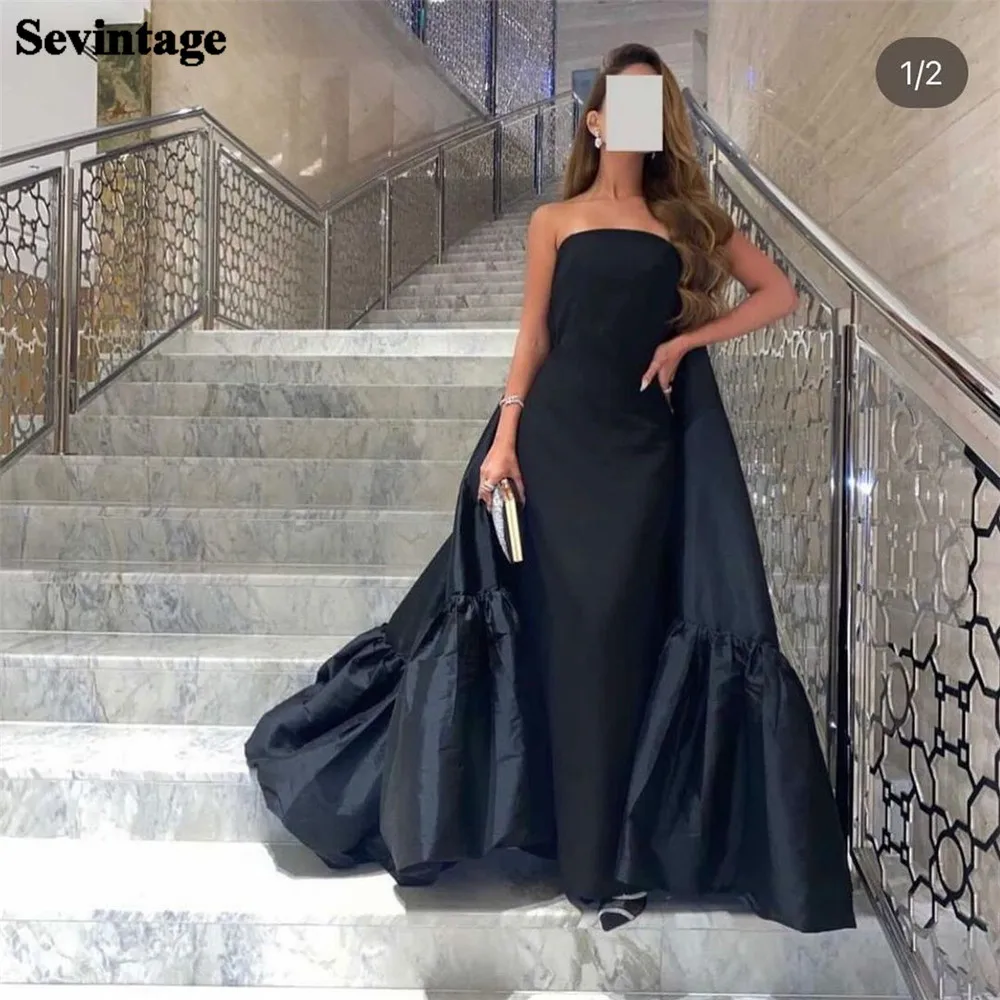 

Sevintage Saudi Arabic Trumpet Prom Dresses Satin Strapless Women Evening Gowns With Train Formal Celebrity Pageant Party Dress