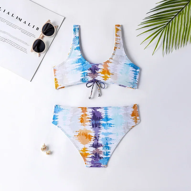 Tie Dye Girl Swimsuit Kids Tie Front Bikini 7-16Years Children\'s Graffiti Swimwear Teenager Padded Bathing Suit Summer Beachwear