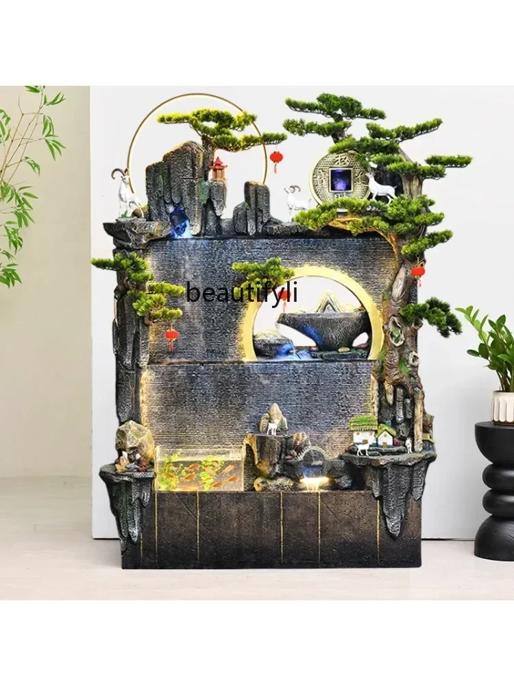 Artificial Mountain and Fountain Fortune Fish Pond Landscape Office Indoor Living Room Balcony Club Fish Tank Opening Gifts