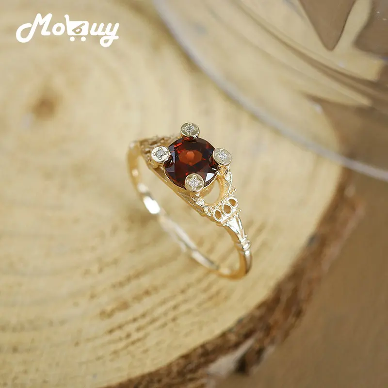 

MOBUY Court Style Natural Garnet Gemstone Ring For Women Luxury 925 Sterling Silver Gold Plated Party Aniversary Fine Jewelry