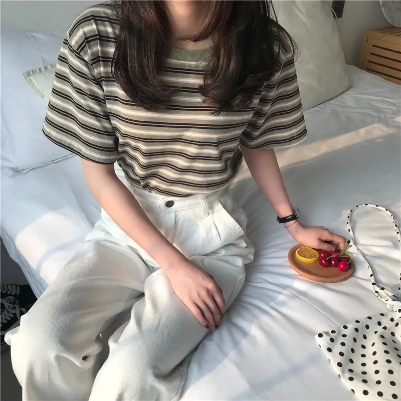 Women Lady Spring Summer Retro Striped Short-Sleeve T-Shirt Girl Student Round Neck Base Shirt Loose Casual Student Top T-Shirt