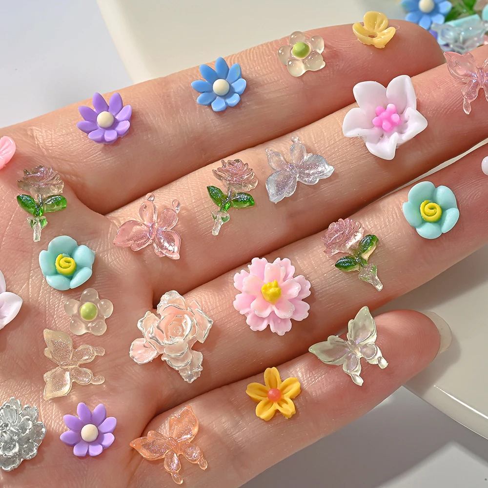 300 個透明光沢のあるローズ蝶 3D ネイルデコレーション混合花カラフルなネイルアートチャームヒラタマニキュアクラフトアクセス