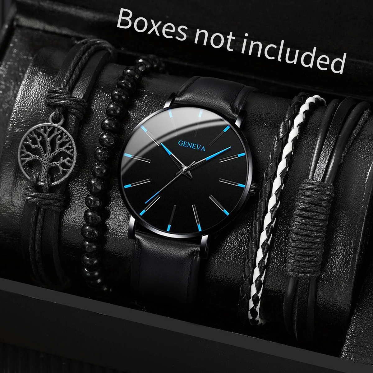 ساعة كوارتز للرجال من جلد البولي يوريثان ، طقم أساور غير رسمية بدون صندوق ، ساعات معصم 5
