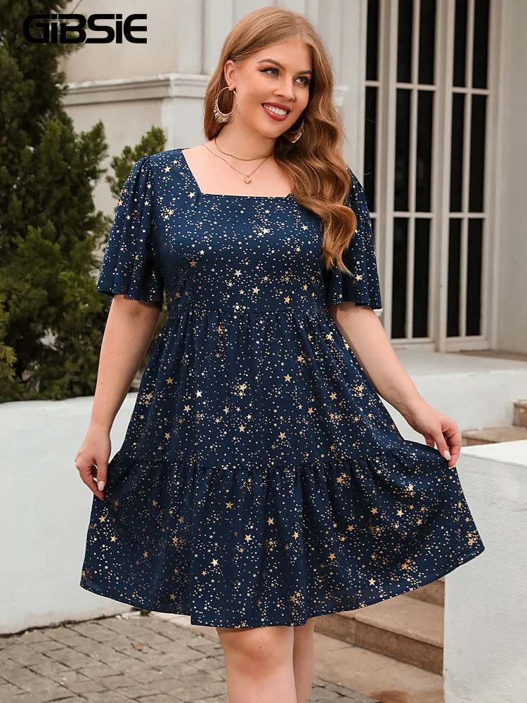 GIBSIE-Robe vintage à manches courtes et col carré pour femme, tenue décontractée de grande taille avec ourlet à volants, collection été 2023