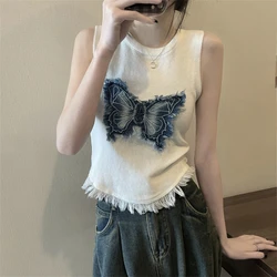 Spicy Girl Irregular Knitted Vest Women's 2024 Summer Patchwork O-Neck Butterfly Embroidery Slim Tassel Sleeveless Vest Tops