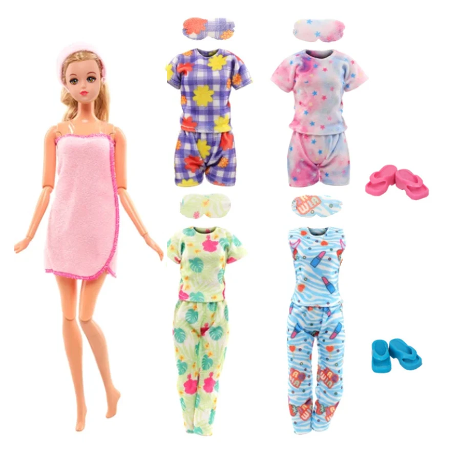 7pcs 11.5in/30cm Doll Clothes And Shoes = 4 Pajamas 1 Bathrobe 2 Slippers Handmade Toy Birthday Christmas Gift, Pretend Game Toy