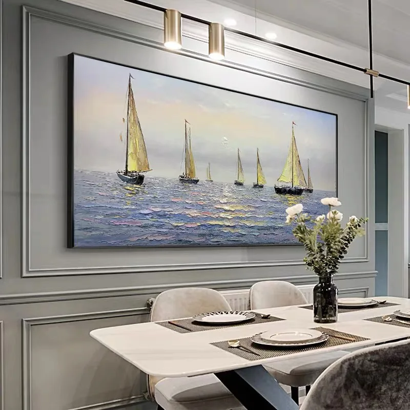 Original Handmade Coastal Oil Painting, Golden Sail Fleet Impasto Wide Canvas Nautical Modern Home Wall Decor
