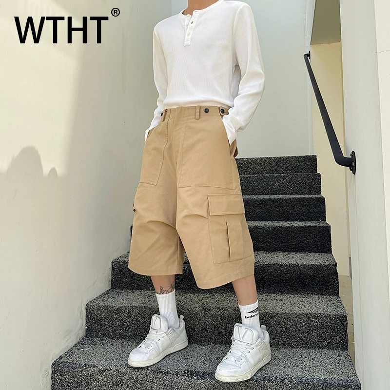 

WTHT модные мужские однотонные шорты-карго с большими карманами, модные свободные широкие короткие брюки в американском стиле, мужские летние 2022, 2A1372