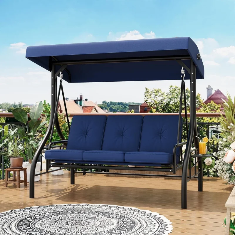 

2026 New：3-Outdoor Porch Swing with Adjustable Canopy, Convertible Patio Swing Bed with Stand, Thick Cushions &