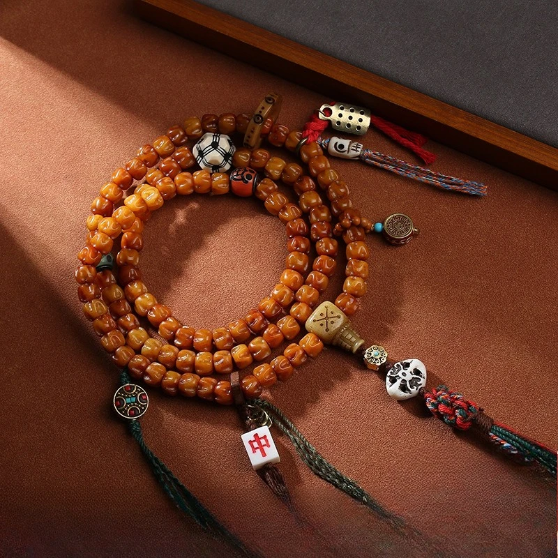 108 Tibetan aged camel bones, hand strung prayer beads, antique bronze accessories, ethnic style Buddhist bead neck hanging