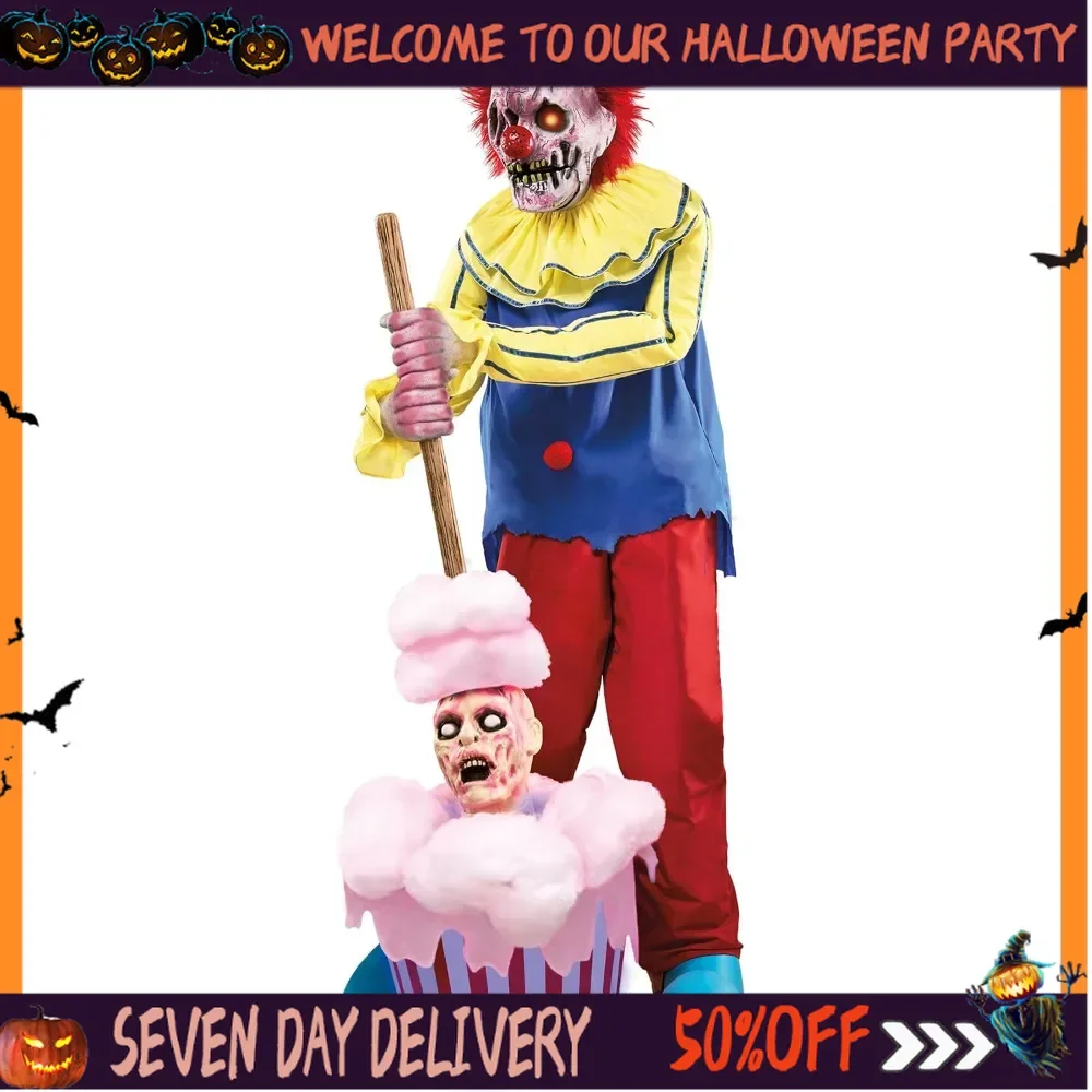 

Halloween Animatronic 6.2 Ft Cotton Candy Dan Animatronic Horror Decorations 74.4 Inches in Height By about 31 Inches in Width