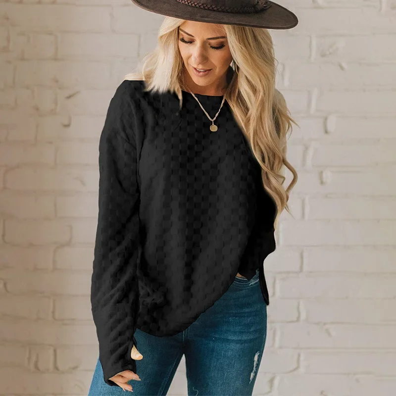 2024 New Women's Checkerboard Plaid Tops Simple Fashion O Neck Long Sleeve Pullovers Spring Autumn All-Match T-shirts NASY0019