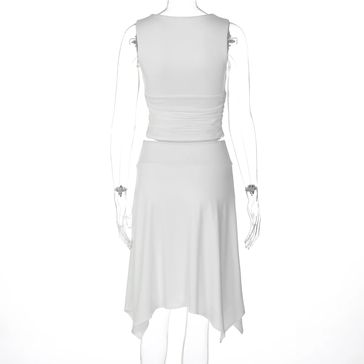Hugcitar Fashion 2-teiliges Set, V-Ausschnitt, einfarbig, gerafftes, sexy Crop-Top, unregelmäßiger Midirock, Damen-Outfit für Strand, Urlaub, Party – Detail 4