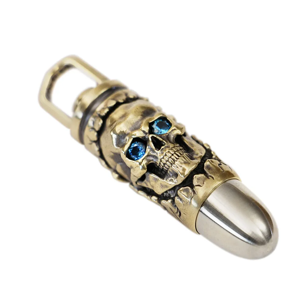 

Blue CZ Eyes Brass Hollow Skull Pendant Rock Punk Jewelry BR472 GC