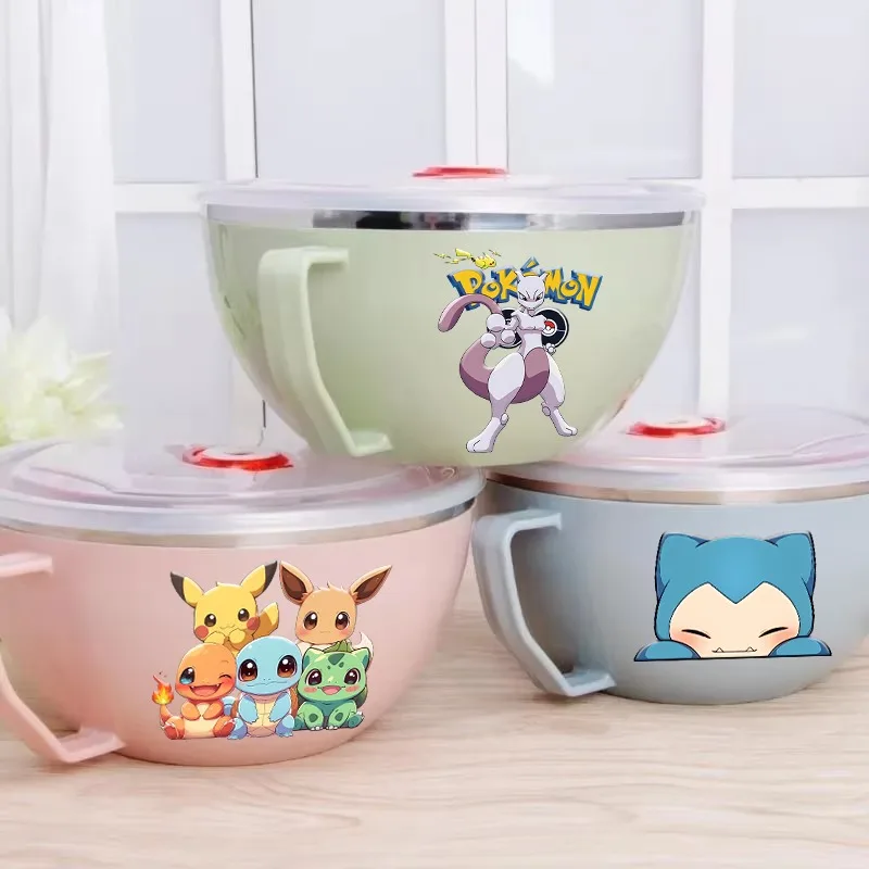 Tazón de Fideos de Acero Inoxidable con Diseño de Pikachu, Tazón Aislado para Fideos Instantáneos con Tapa, Material de Grado Alimenticio, Lonchera para el Hogar