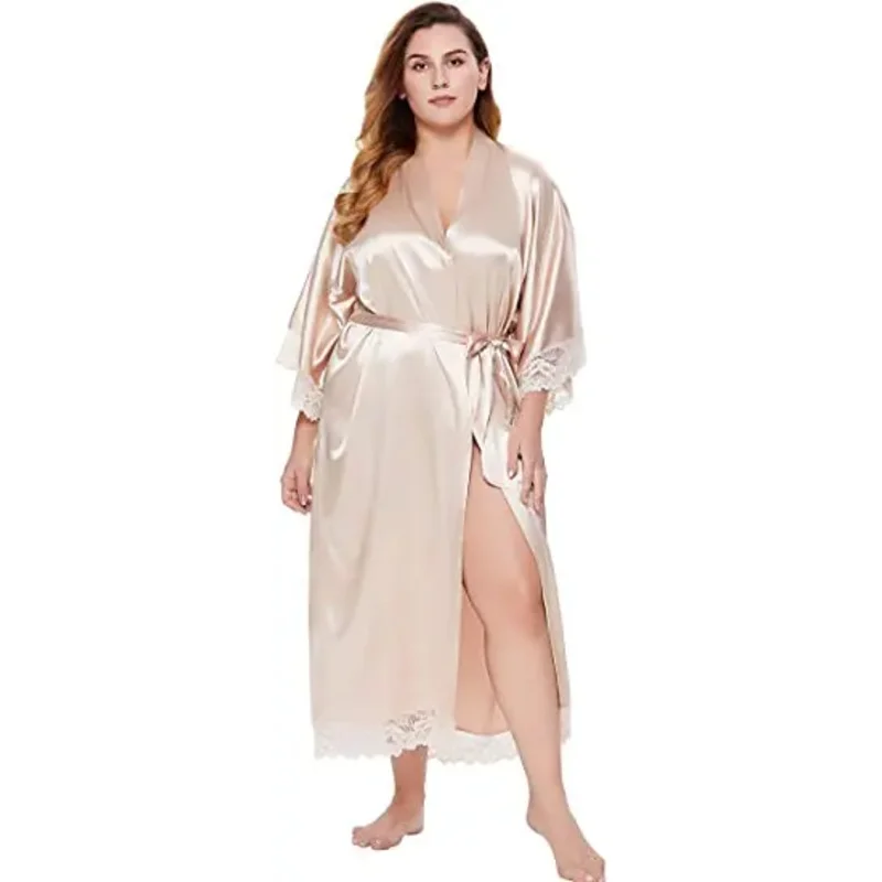 Robe kimono en satin de soie et dentelle pour femmes, tenue de nuit sexy, couleur unie, grise, nouvelle collection