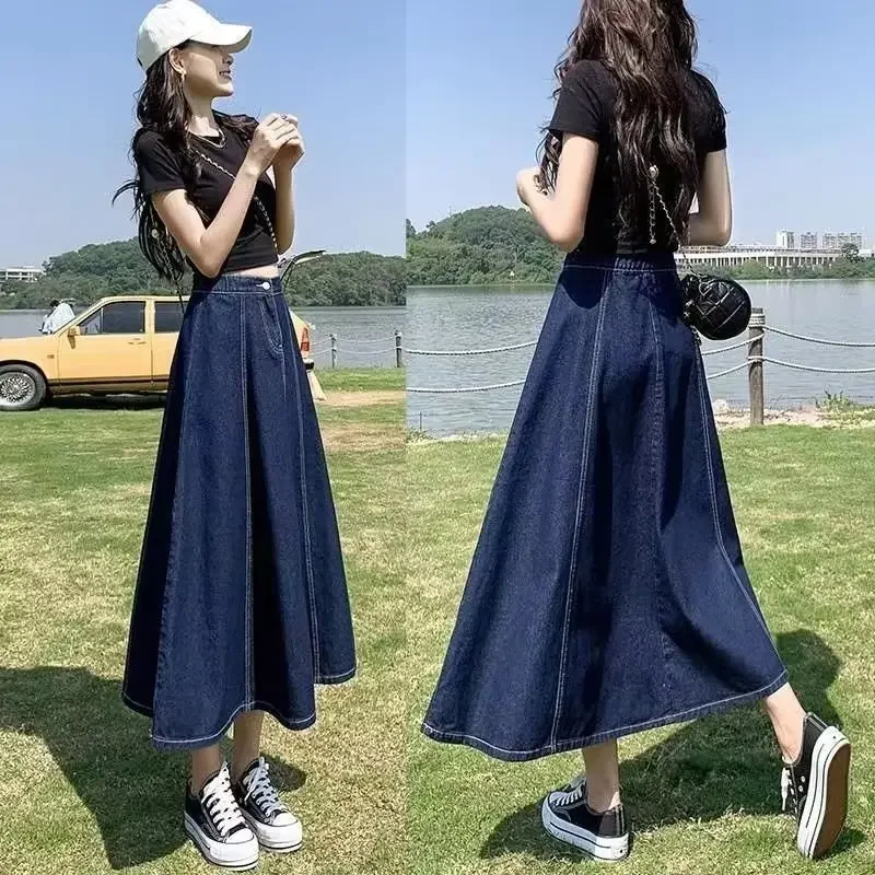 Denim Skirt Women Streetwear Long Skirts Elastic Waist Button Washed Distressed Spring Summer Mom Jeans 2025 Vintage Casual