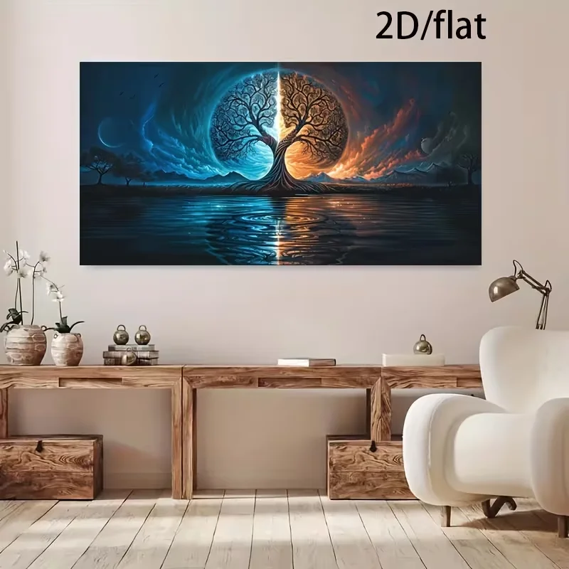 (1PC Unframe)2D/flat 1pc 27.55inch*55.11inch/70cm*140cm Frameless Modern Yin Yang Balance Tree of Life Canvas Painting Art for L