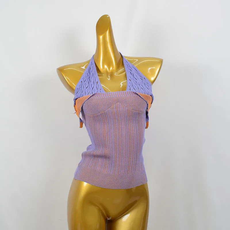 توب محبوك بتصميم هالتر من Pure Desire، قميص صيفي مثير بأسلوب جديد، طبقة أساسية للارتداء الخارجي، توب قصير بسحاب وخطوط للفتيات