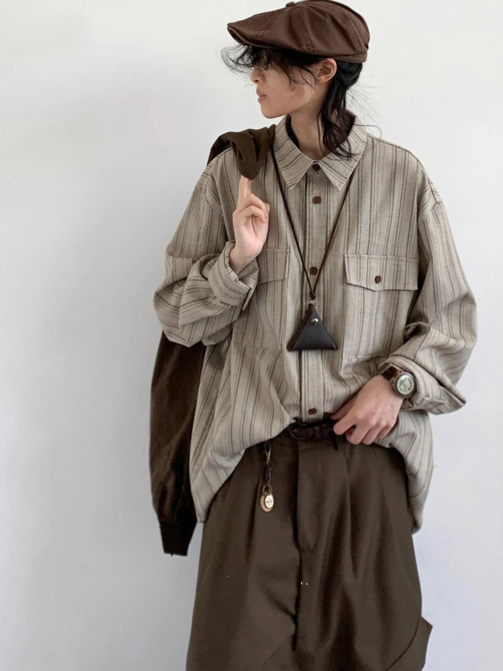 

Loose Casual Long Sve Striped irt Autumn Winter New Sle ex Vintage Japanese Sle Workwear Coat Youth ular
