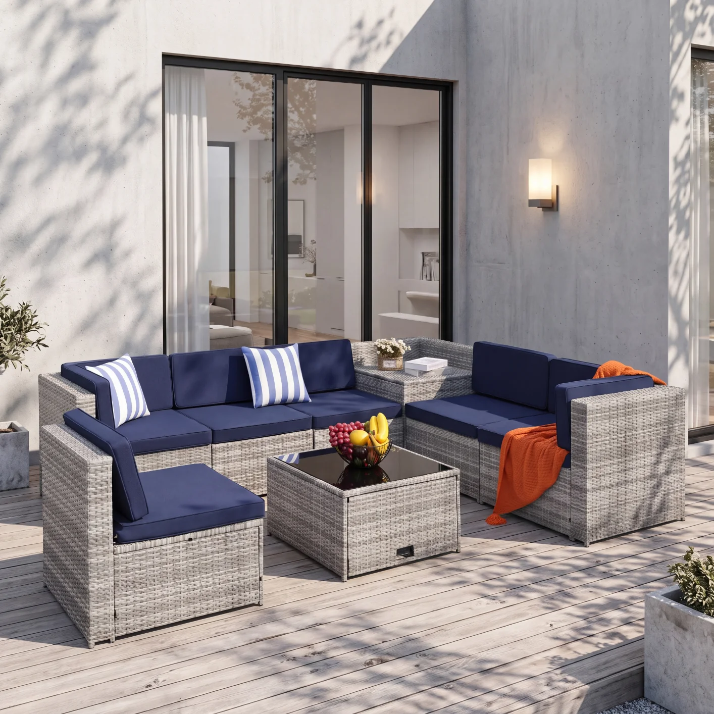 7 Piece Patio Furniture Set Wicker Rattan Sectional Sofa Outdoor Seating with Thickened Cushions for Backyard Garden Deck