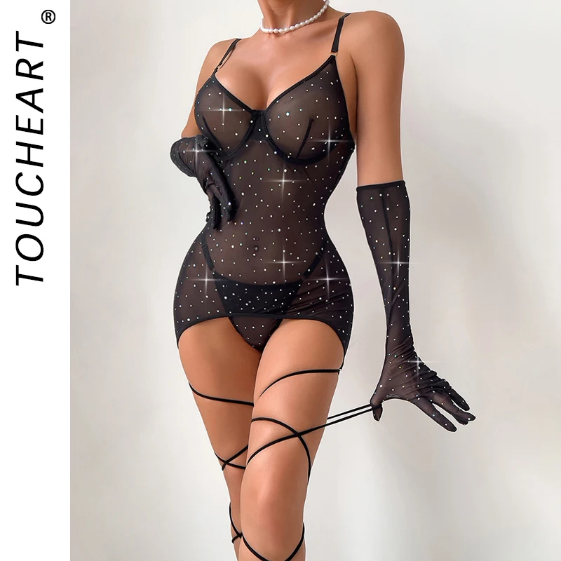 

Toucheart Sexy Lingеrie Mesh Transparent Steel Ring Gathering Leggings with Gloves Dress Suit Hot Sexy Clothes Woman Lingеrie