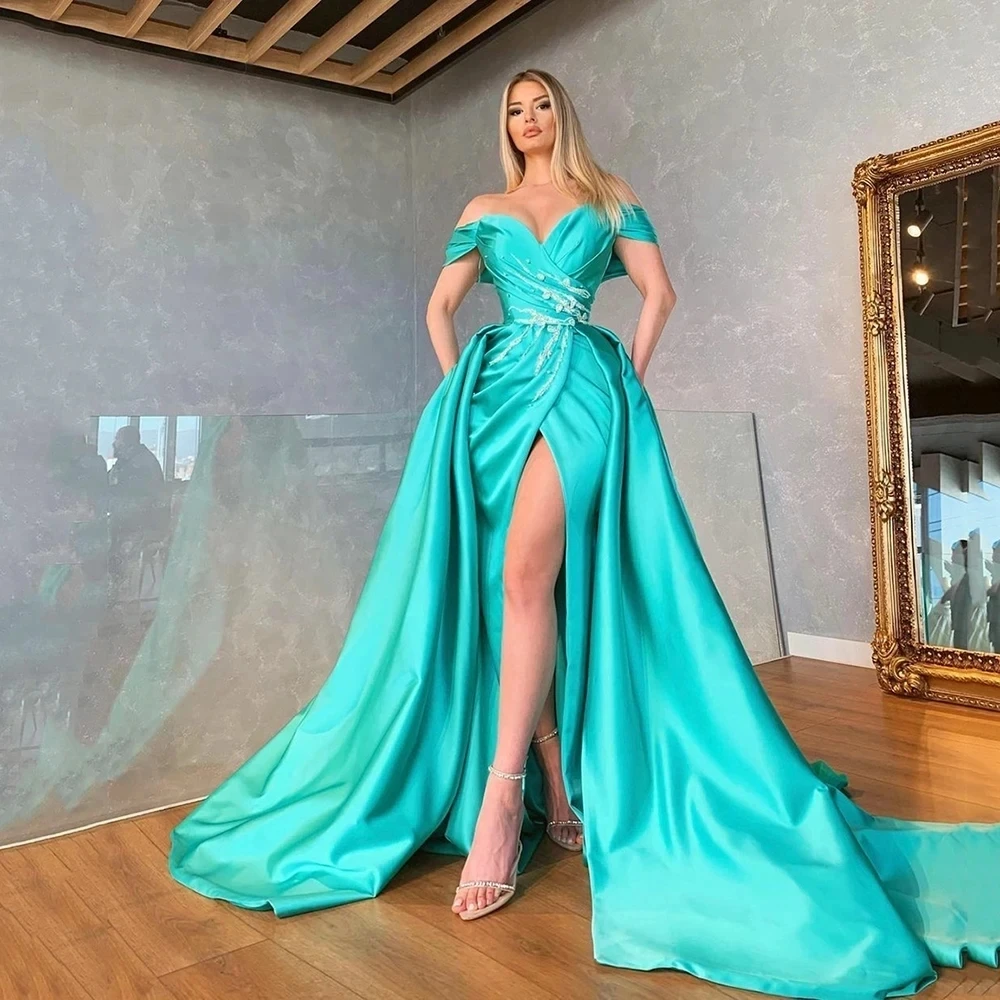 Elegant Green Satin Mermaid Prom Dresses Off The Shoulder High Split Appliques Sweetheart Ruched Draped Party Evening Gowns