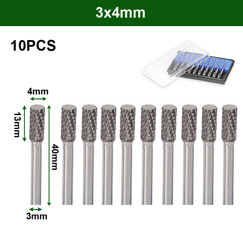 10Pcs 3*3/4/5/6 Cylinder Type A Tungsten Carbide Rotary Files Set - Power Drill Bit Milling Burr Abrasive Tools Carving Craftman