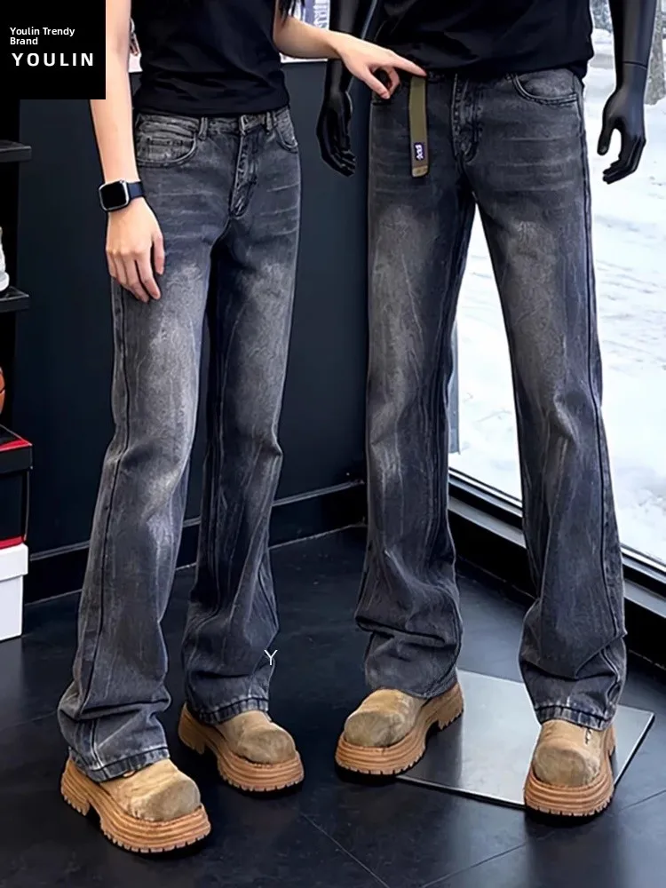 

Мужские джинсы-клеш Bla Lightning Pattern: весенние, в американском стиле, для стройных ног, зауженные, с эффектом удлинения ног, модель Knife