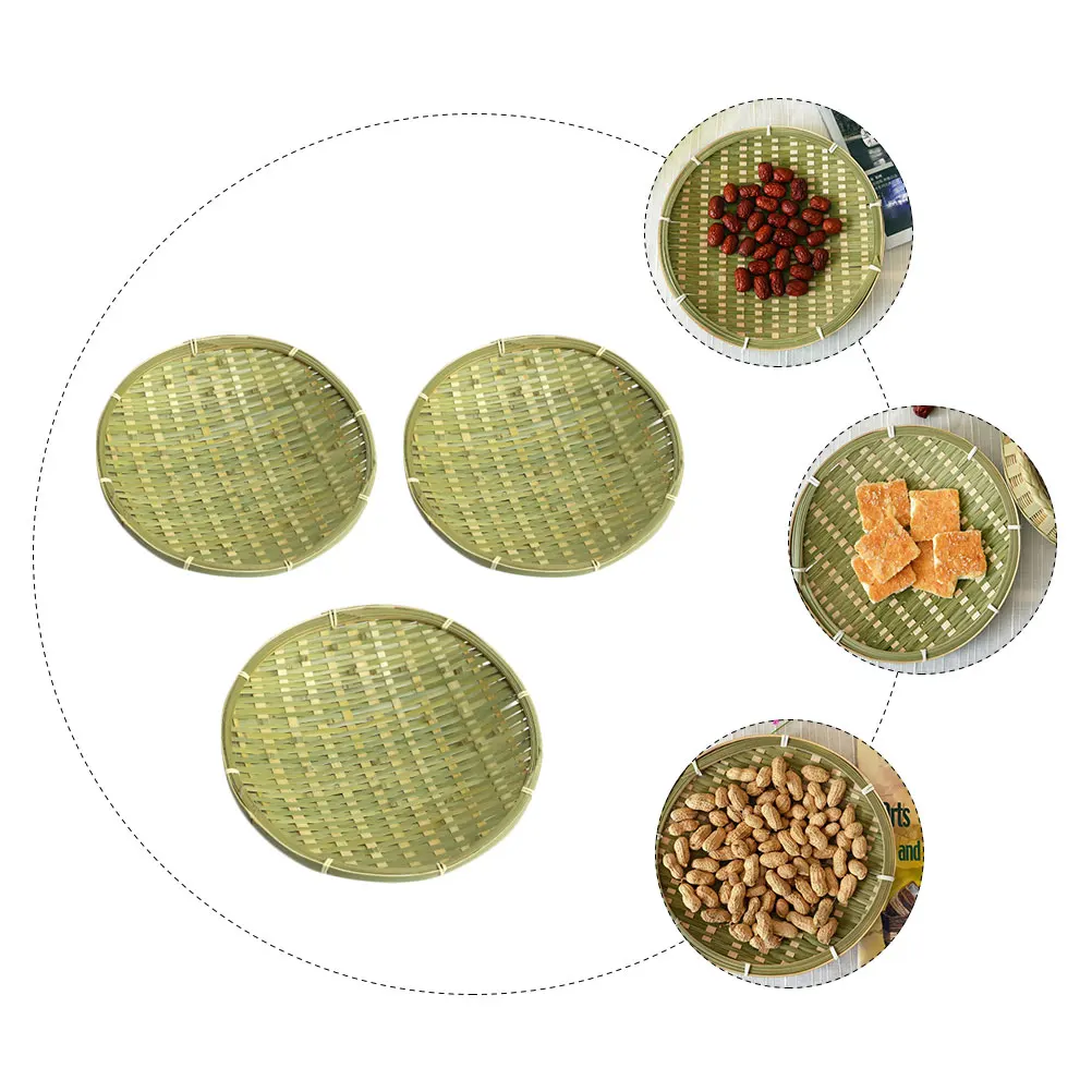 

3Pcs Basket Practical Fruit Holder Decorative Kitchen Supply Rustic Design Green Bamboo Food Tray