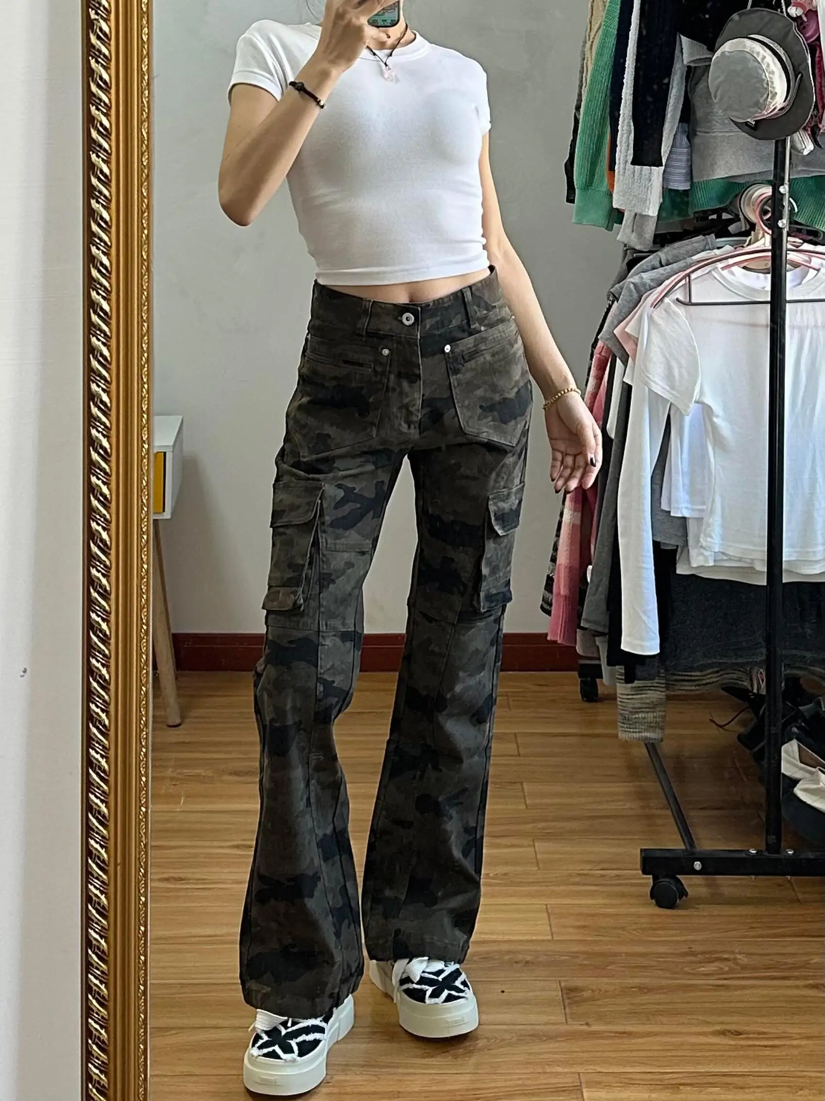 

Женские джинсы Slim Fit в американском камуфляжном стиле с низкой посадкой, широкими штанинами, прямым кроем, для работы, осенне-зимние, утягивающие, фасон Bootcut